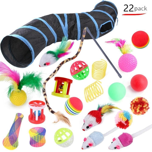 22-Piece Funny Cat Toy Set With Cat Tunnel - Interactive Pet Toys For